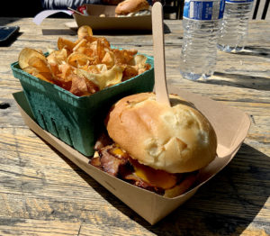 Closeup of a BBQ sandwhich and chips.